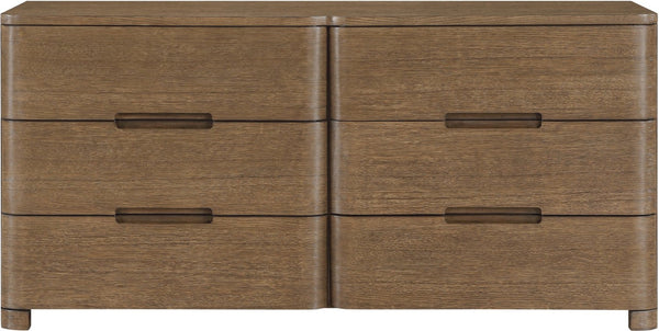 Meridian Furniture Caswell Art Deco Oak Veneer Six Drawer Dresser with Curved Fronts and Soft Close Drawers Brown B1204-D