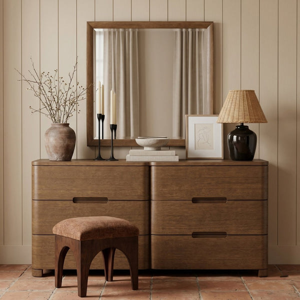 Meridian Furniture Caswell Art Deco Oak Veneer Wall Mirror with Rich Grain Finish for Bedroom Elegance Brown B1204-M