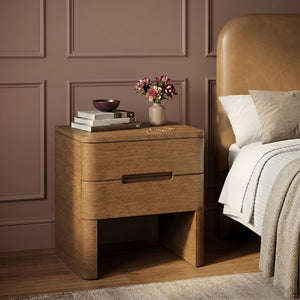 Meridian Furniture Caswell Art Deco Oak Veneer Nightstand with Cerused Grain and Soft Close Drawers for Bedroom Brown B1204-NS