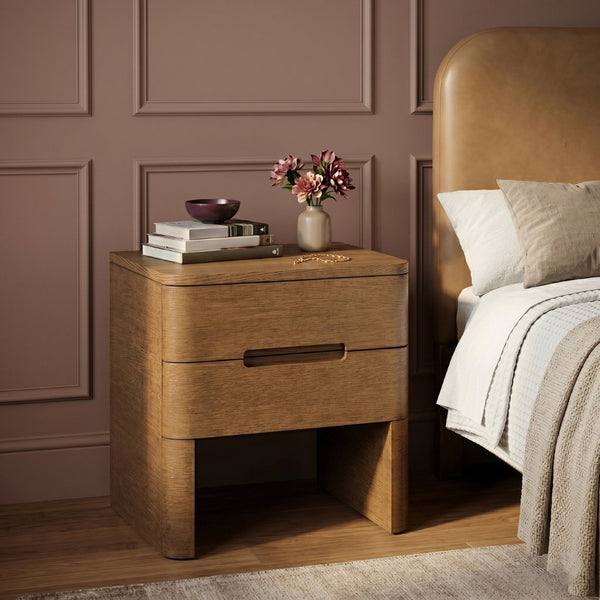 Meridian Furniture Caswell Art Deco Oak Veneer Nightstand with Cerused Grain and Soft Close Drawers for Bedroom Brown B1204-NS