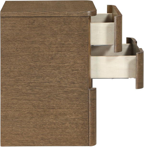 Meridian Furniture Caswell Art Deco Oak Veneer Nightstand with Cerused Grain and Soft Close Drawers for Bedroom Brown B1204-NS