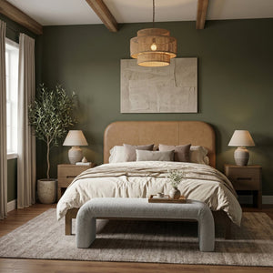 Meridian Furniture Caswell Full Bed Art Deco Frame with Vegan Leather Headboard and Wood Tone Finish Bedroom Style Brown B1204Tan-F