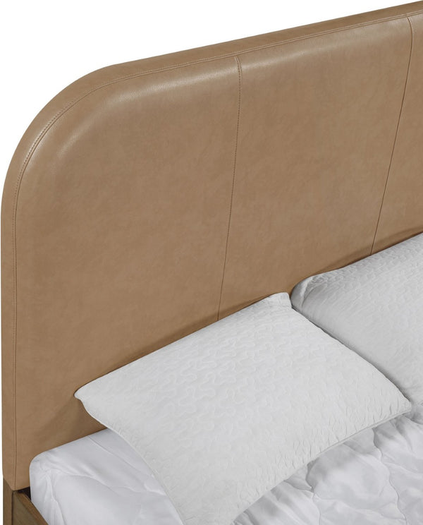 Meridian Furniture Caswell Art Deco King Platform Bed Vegan Leather Curved Headboard and Oak Veneer Wood Frame Brown B1204Tan-K