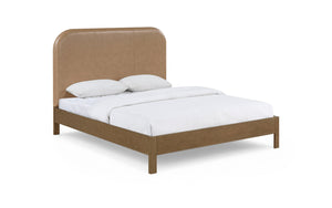 Meridian Furniture Caswell Queen Bed Curved Vegan Leather Headboard and Oak Veneer Art Deco Bedroom Style Brown B1204Tan-Q