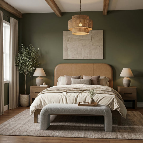 Meridian Furniture Caswell Queen Bed Curved Vegan Leather Headboard and Oak Veneer Art Deco Bedroom Style Brown B1204Tan-Q