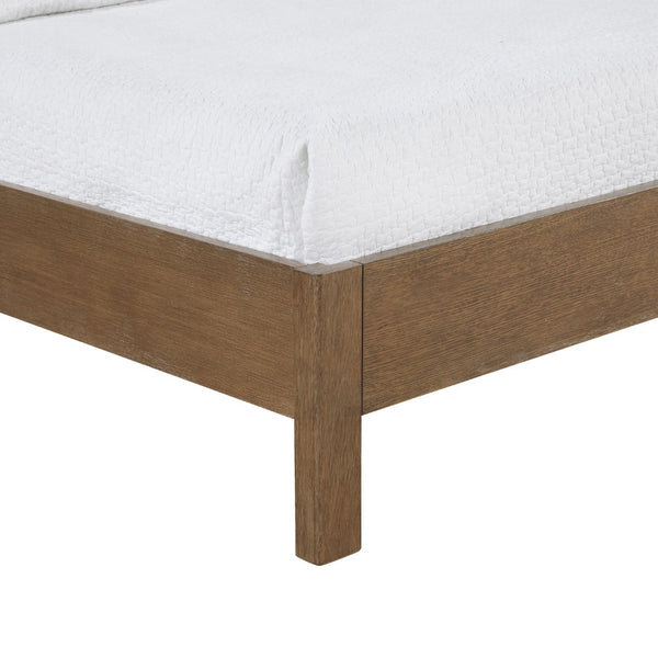 Meridian Furniture Caswell Queen Bed Curved Vegan Leather Headboard and Oak Veneer Art Deco Bedroom Style Brown B1204Tan-Q