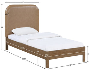 Meridian Furniture Caswell Twin Bed Vegan Leather Upholstered Art Deco Wood Veneer Frame for Modern Bedroom Style Brown B1204Tan-T