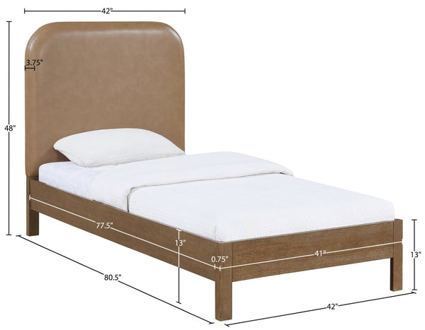 Meridian Furniture Caswell Twin Bed Vegan Leather Upholstered Art Deco Wood Veneer Frame for Modern Bedroom Style Brown B1204Tan-T