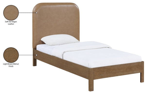 Meridian Furniture Caswell Twin Bed Vegan Leather Upholstered Art Deco Wood Veneer Frame for Modern Bedroom Style Brown B1204Tan-T