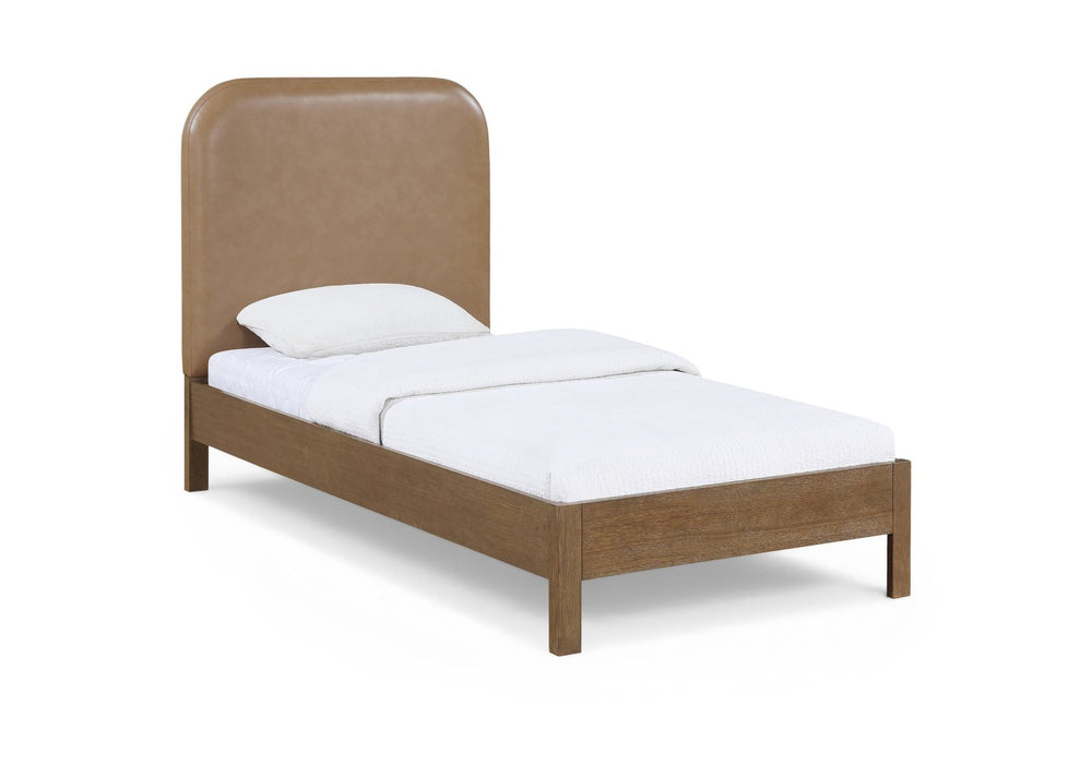 Meridian Furniture Caswell Twin Bed Vegan Leather Upholstered Art Deco Wood Veneer Frame for Modern Bedroom Style Brown B1204Tan-T