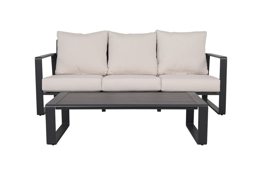 English Elm Three-person Outdoor Sofa and Coffee Table Set Aluminum Frame with Beige Cushions B120P293358
