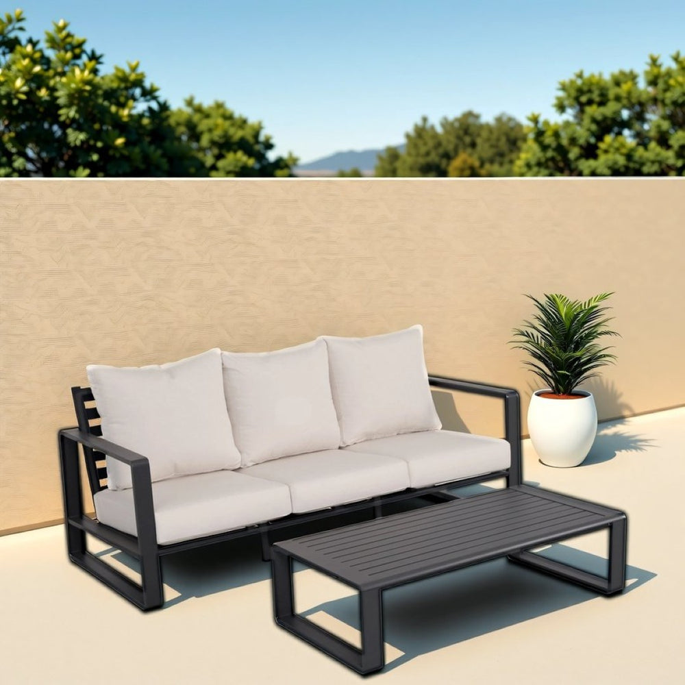 English Elm Three-seat Aluminum Frame Sofa and Coffee Table Set with Pu Leather Cushions B120P293366