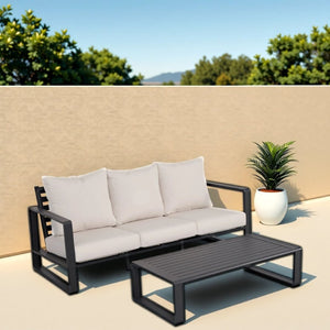 English Elm Three-seat Aluminum Frame Sofa and Coffee Table Set with Pu Leather Cushions B120P293366