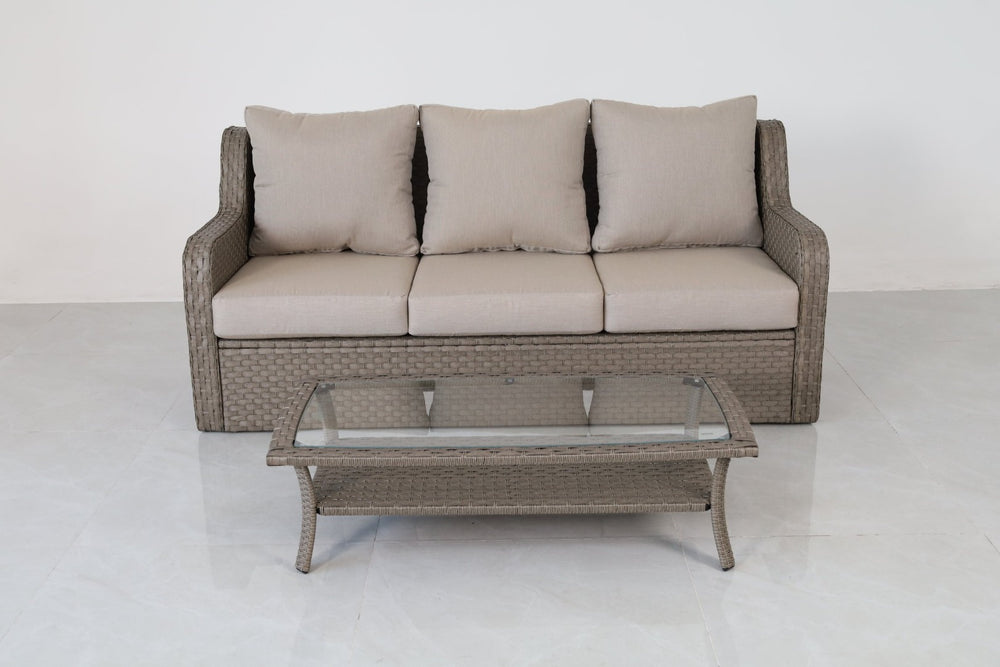 English Elm Premium Pe Rattan 3 Seat Outdoor Sofa Set with Tempered Glass Table Resort Style B120P521786