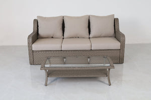 English Elm Premium Pe Rattan 3 Seat Outdoor Sofa Set with Tempered Glass Table Resort Style B120P521786