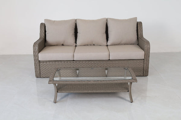 English Elm Premium Pe Rattan 3 Seat Outdoor Sofa Set with Tempered Glass Table Resort Style B120P521786