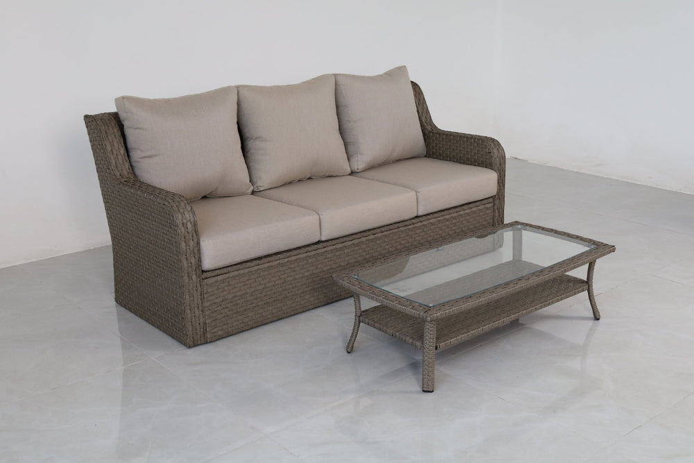 English Elm Premium Pe Rattan 3 Seat Outdoor Sofa Set with Tempered Glass Table Resort Style B120P521786