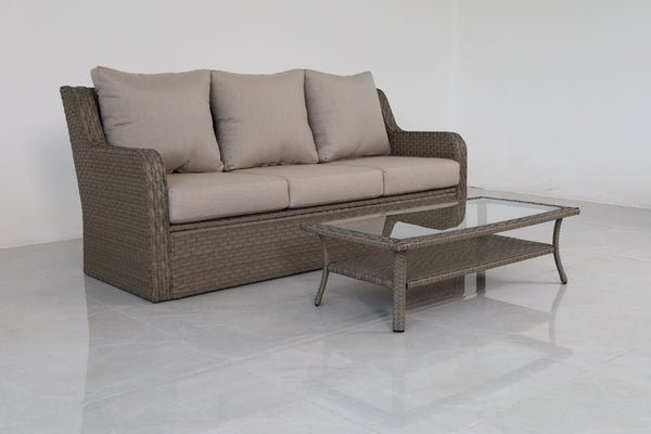 English Elm Premium Pe Rattan 3 Seat Outdoor Sofa Set with Tempered Glass Table Resort Style B120P521786