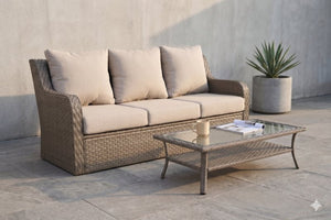 English Elm Premium Pe Rattan 3 Seat Outdoor Sofa Set with Tempered Glass Table Resort Style B120P521786