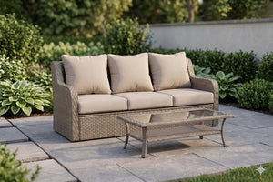 English Elm Premium Pe Rattan 3 Seat Outdoor Sofa Set with Tempered Glass Table Resort Style B120P521786