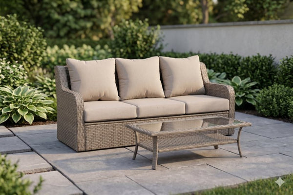 English Elm Premium Pe Rattan 3 Seat Outdoor Sofa Set with Tempered Glass Table Resort Style B120P521786