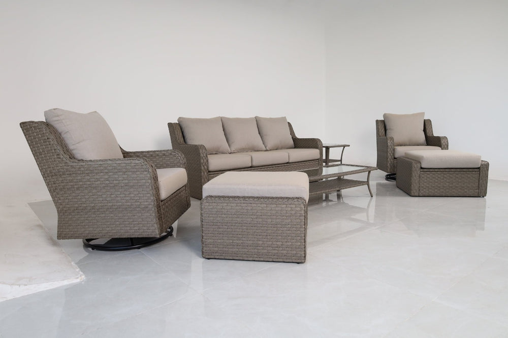 English Elm Premium 7 Piece Rattan Patio Set with Swivel Chairs Ottomans and Glass Top Tables B120S00279
