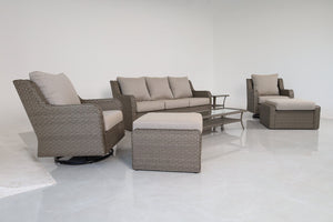 English Elm Premium 7 Piece Rattan Patio Set with Swivel Chairs Ottomans and Glass Top Tables B120S00279