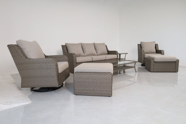 English Elm Premium 7 Piece Rattan Patio Set with Swivel Chairs Ottomans and Glass Top Tables B120S00279