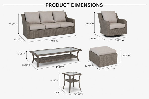 English Elm Premium 7 Piece Rattan Patio Set with Swivel Chairs Ottomans and Glass Top Tables B120S00279