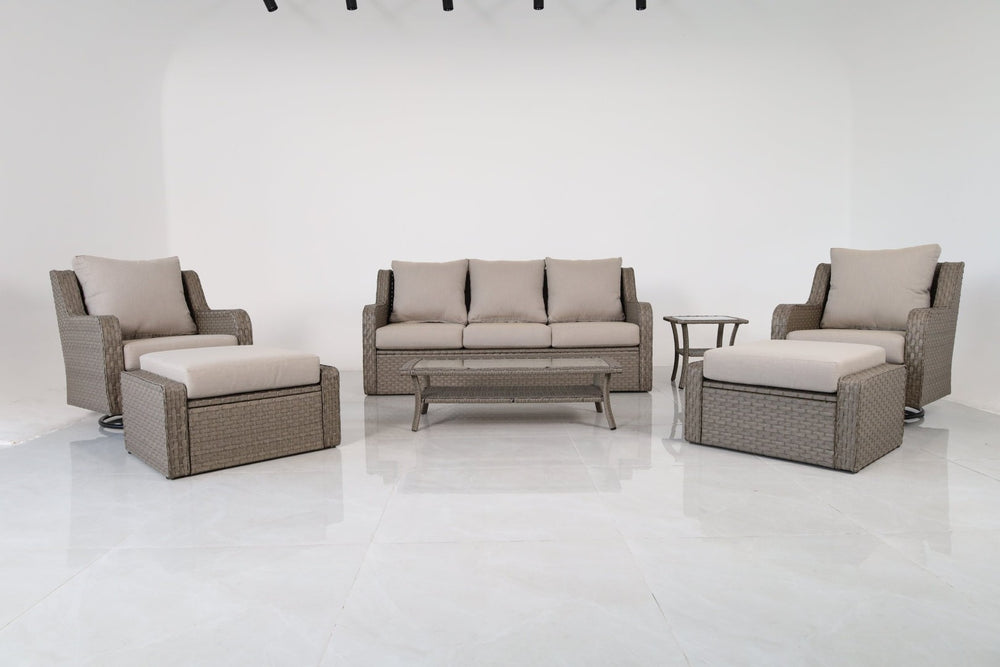 English Elm Premium 7 Piece Rattan Patio Set with Swivel Chairs Ottomans and Glass Top Tables B120S00279