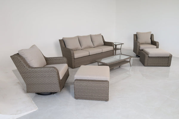 English Elm Premium 7 Piece Rattan Patio Set with Swivel Chairs Ottomans and Glass Top Tables B120S00279