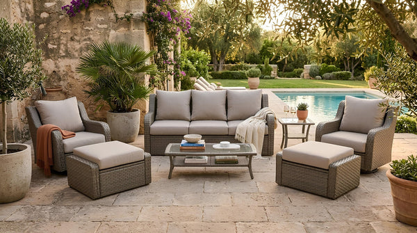 English Elm Premium 7 Piece Rattan Patio Set with Swivel Chairs Ottomans and Glass Top Tables B120S00279