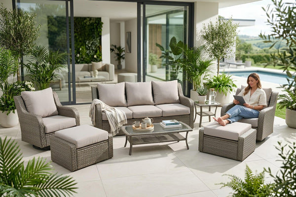 English Elm Premium 7 Piece Rattan Patio Set with Swivel Chairs Ottomans and Glass Top Tables B120S00279