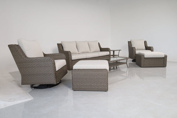 English Elm 7-piece Outdoor Wicker Patio Set with Swivel Chairs Ottomans and Resort Style Comfort B120S00280