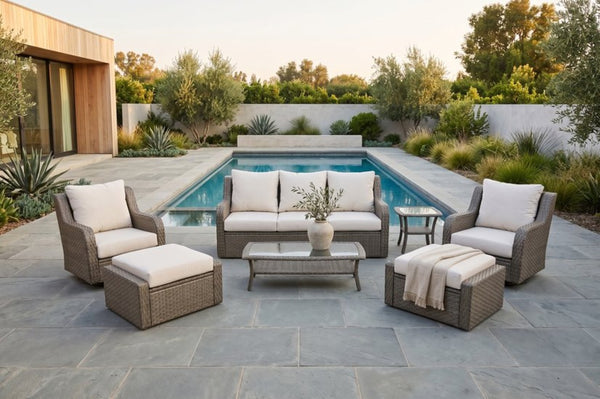 English Elm 7-piece Outdoor Wicker Patio Set with Swivel Chairs Ottomans and Resort Style Comfort B120S00280