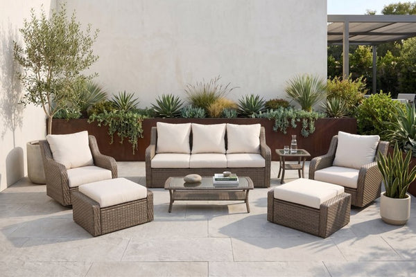 English Elm 7-piece Outdoor Wicker Patio Set with Swivel Chairs Ottomans and Resort Style Comfort B120S00280