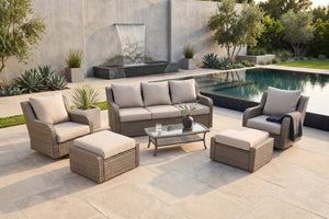 English Elm Luxury Pe Rattan Outdoor Conversation Set with Swivel Chairs Ottomans and Coffee Table B120S00281