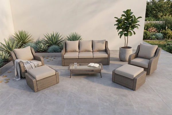 English Elm Luxury Pe Rattan Outdoor Conversation Set with Swivel Chairs Ottomans and Coffee Table B120S00281