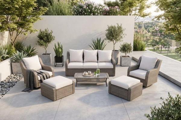 English Elm Luxury Pe Rattan Outdoor Conversation Set Six Piece Resort Style with Swivel Chairs B120S00282