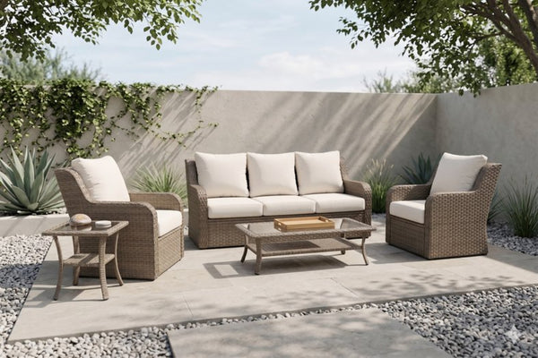 English Elm 5-piece Outdoor Wicker Conversation Set with Sofa Club Chairs and Tables Resort Style B120S00283
