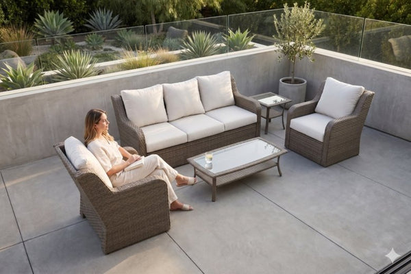 English Elm 5-piece Outdoor Wicker Conversation Set with Sofa Club Chairs and Tables Resort Style B120S00283