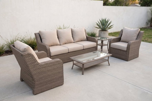 English Elm 5-piece Outdoor Wicker Patio Set with Sofa Club Chairs Coffee and Side Table B120S00284