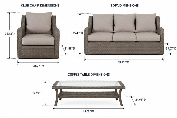 English Elm 4-piece Outdoor Pe Rattan Patio Set with Sofa Two Club Chairs and Coffee Table B120S00285