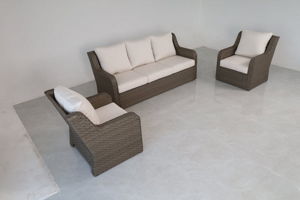 English Elm 3-piece Outdoor Wicker Lounge Set with Sofa Two Club Chairs and Weather Resistant Cushions B120S00287