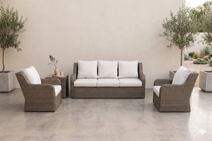 English Elm 3-piece Outdoor Wicker Lounge Set with Sofa Two Club Chairs and Weather Resistant Cushions B120S00287
