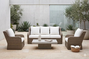 English Elm 3-piece Outdoor Wicker Lounge Set with Sofa Two Club Chairs and Weather Resistant Cushions B120S00287