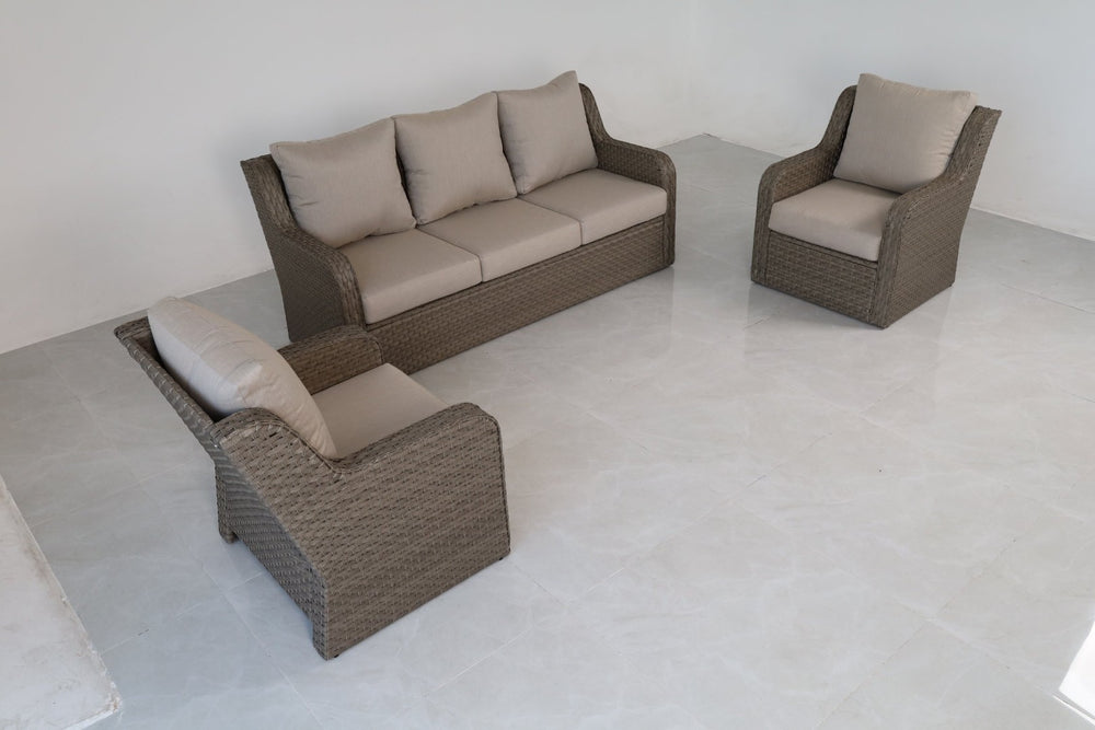 English Elm 3-piece Outdoor Synthetic Rattan Conversation Set with Deep Cushioned Sofa and Club Chairs B120S00288