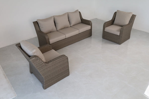 English Elm 3-piece Outdoor Synthetic Rattan Conversation Set with Deep Cushioned Sofa and Club Chairs B120S00288