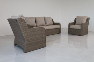English Elm 3-piece Outdoor Synthetic Rattan Conversation Set with Deep Cushioned Sofa and Club Chairs B120S00288