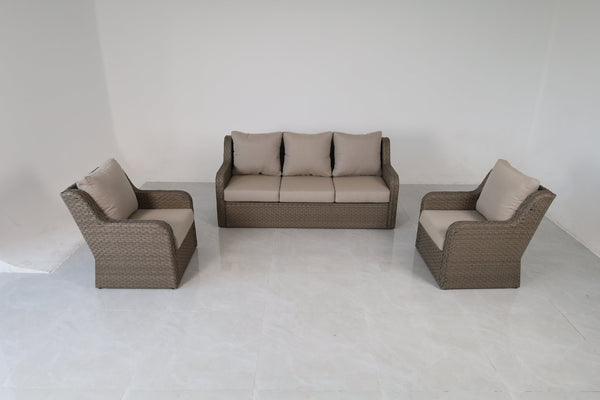 English Elm 3-piece Outdoor Synthetic Rattan Conversation Set with Deep Cushioned Sofa and Club Chairs B120S00288